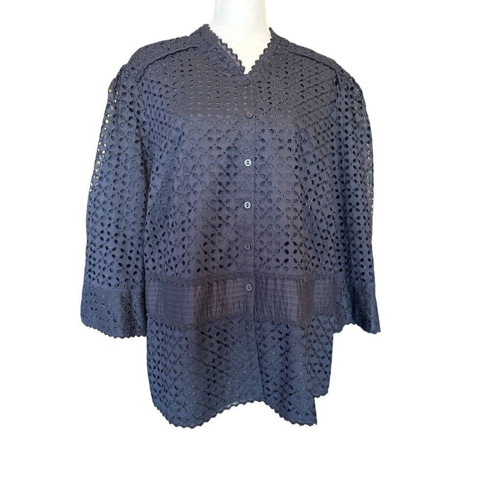 Nygard Collection Women's Size 22 Blouse Eyelet Button-Front Cotton Black Lined